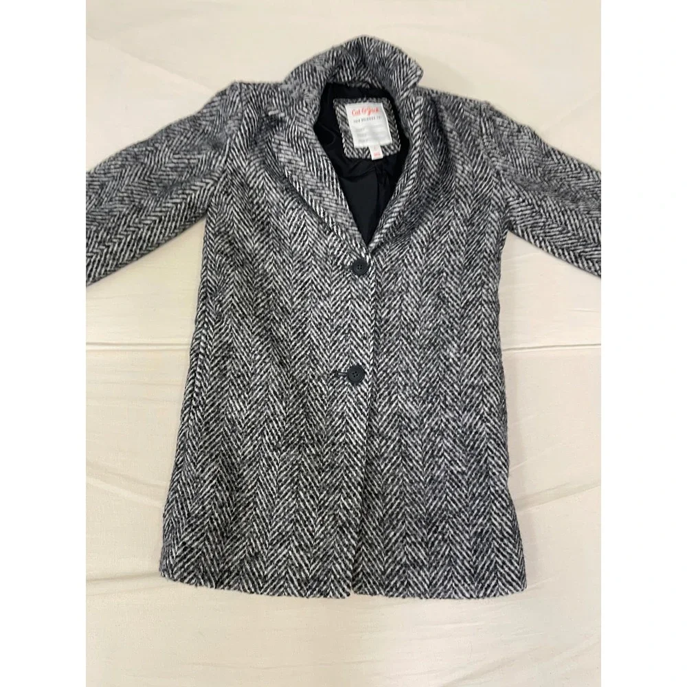 Cat & Jack Kids Small Herringbone Peacoat Black White Chevron Dress Jacket Coat